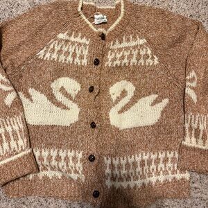 Vintage Swan Motif Cardigan Sweater - Cream on Rosy Camel
